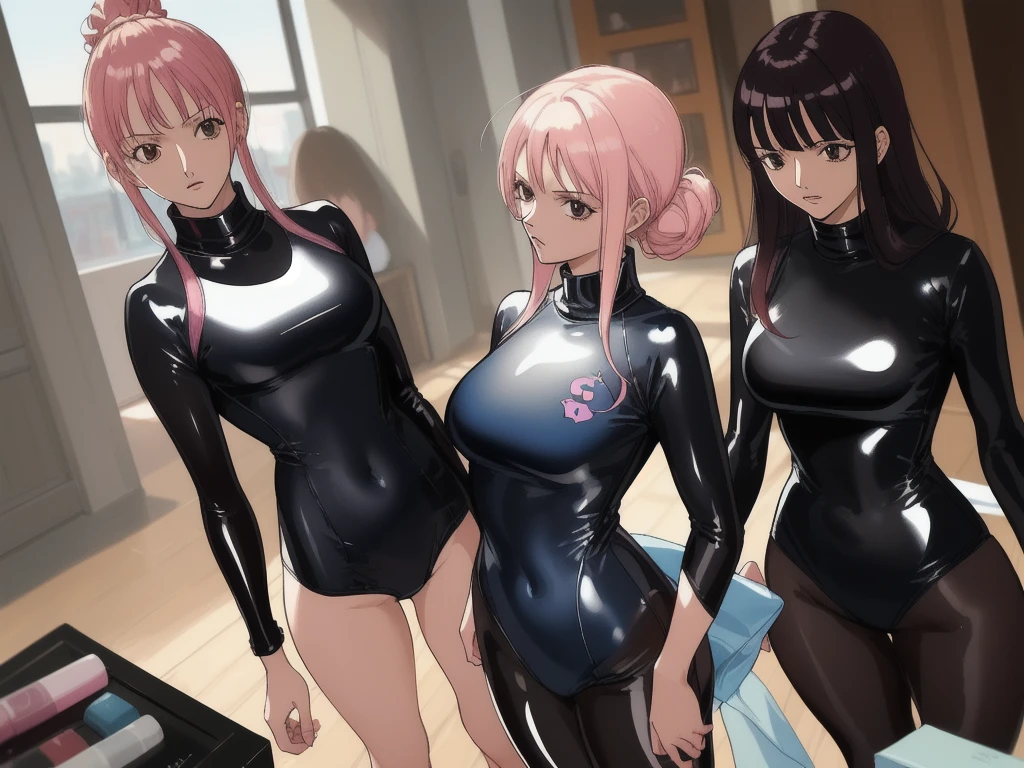Best image quality, 8k, high quality, ((masterpiece)), (High detail), 　(((Perfect Anatomy, Perfect Style))), Depth of written boundary, Open Stance, (Mature Woman), (Cute illustrations:1.2), (Multiple girls with different hair colors and styles:1.2), (Three Girls　1 person in the middle　Others are on both sides),　Approaching the camera)，　(in the morning, Beautiful light, Professional Lighting), (One Piece Turtleneck High Leg　((Gloss))　Tight school swimsuit), Dynamic pose, It&#39;s so much fun that I lose track of time while playing., A sparkling smile, Dynamic Angle, ((Armpits:1.2)), barefoot, Photographed looking up from the ground　Angle including the crotch、　The whole body is wet and shiny, like it&#39;s been oiled.、cumulonimbus,　Contrail,　The blue sky spreads,　Outdoor school pool、　The sunlight reflects off the swimsuit, making it sparkle.、
