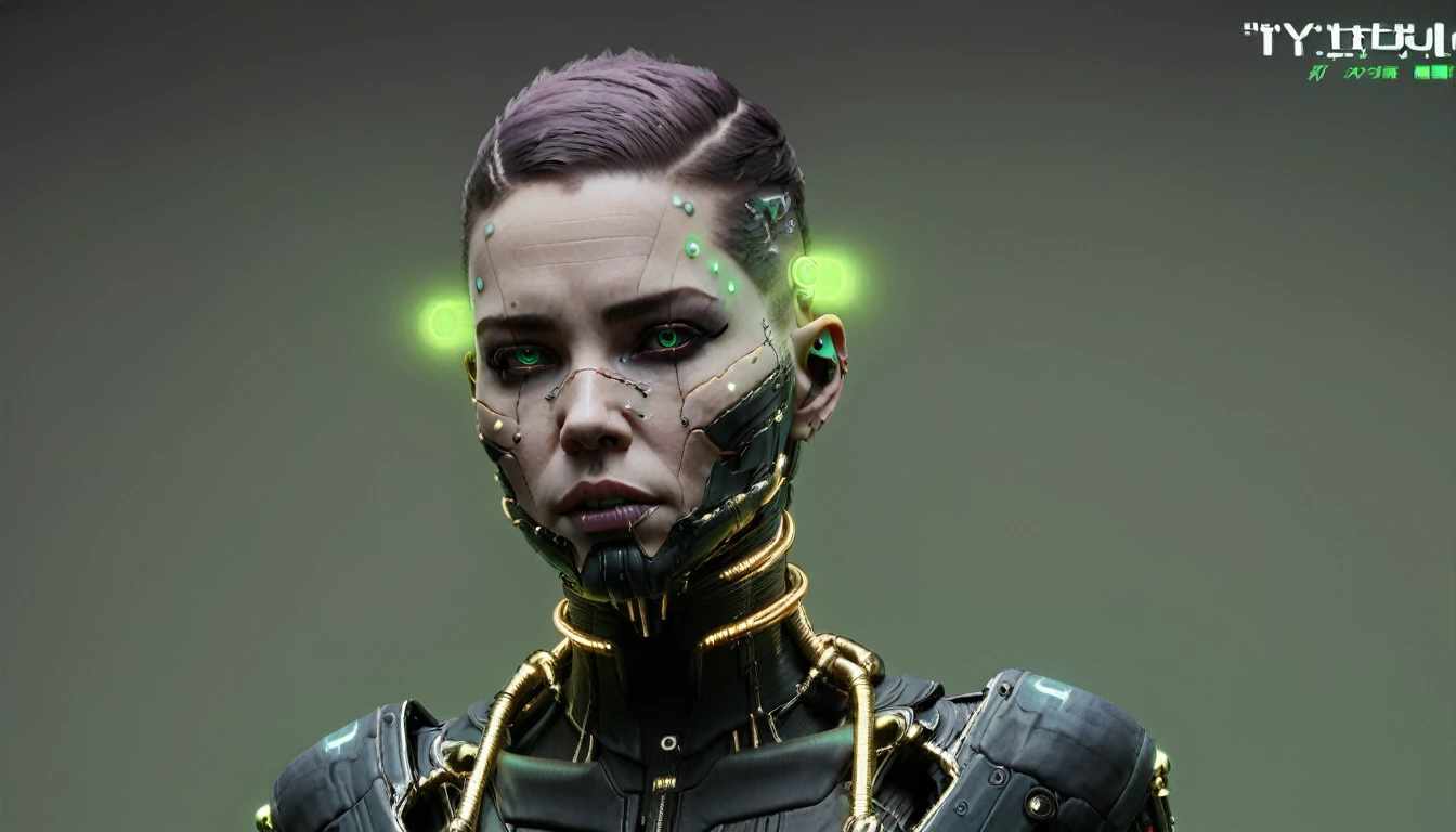 1girl, solo, looking_at_viewer, simple_background, green_eyes, makeup, portrait, science_fiction, realistic, android, cable, cyborg, cyberpunk , 