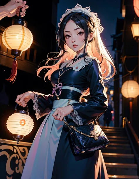 A young girl dressed in a Japanese gothic lolita costume strolling along a Taisho-era street. The street is adorned with old-fas...