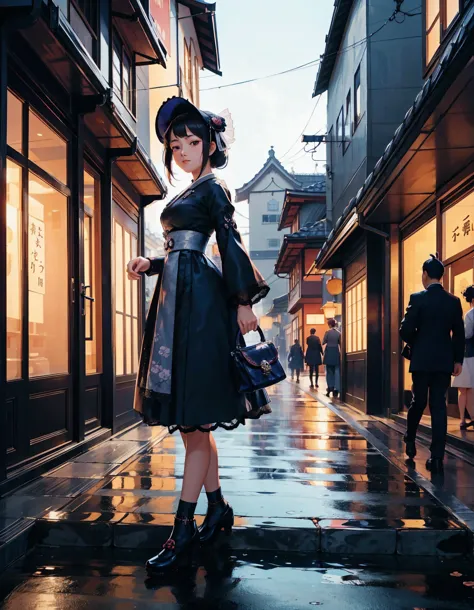 A young girl dressed in a Japanese gothic lolita costume strolling along a Taisho-era street. The street is adorned with old-fas...