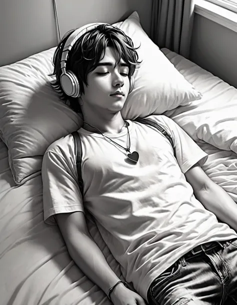 a broken heart boy lying on the bed listening music wearing headphones, line art anime art, sketch art