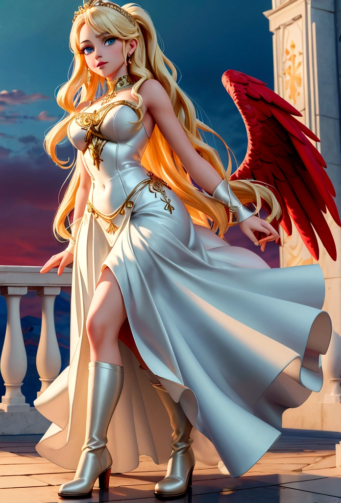 arafé, a picture of a female ange in high society prom event, divine beautiful female ange, cheveux blonds, cheveux longs, Cheveux flottants, les cheveux brillent dans une lumière douce, Yeux céruléens, yeux clairs et profonds, divin beau visage, folded white feather ailes, elle porte un ((robe de soirée rouge: 1.2)), élégant, robe détaillée complexe, Robe en soie, she wears élégant knee high heeled boots, bottes à talons hauts exquises, elle se tient sur le porche d&#39;un château fantastique, Angle dynamique, lumière douce de la torche, (chef-d&#39;œuvre: 1.5), 16k, haute résolution, Meilleure qualité, détails élevés, ultra détaillé, chef-d&#39;œuvre, Meilleure qualité, (extrêmement détaillé), AngeStyle, GlowingRunesAI_bleu pâle, ange_ailes