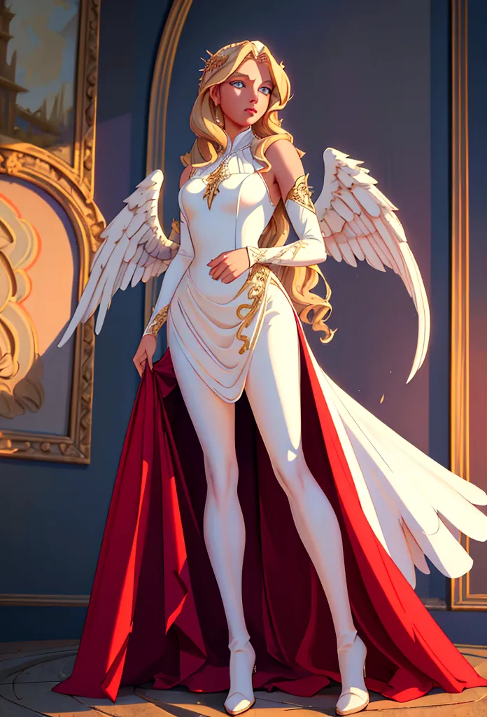 Arafed, a picture of a female angel in high society prom event, divine beautiful female angel, blond hair, long hair, flowing ha...