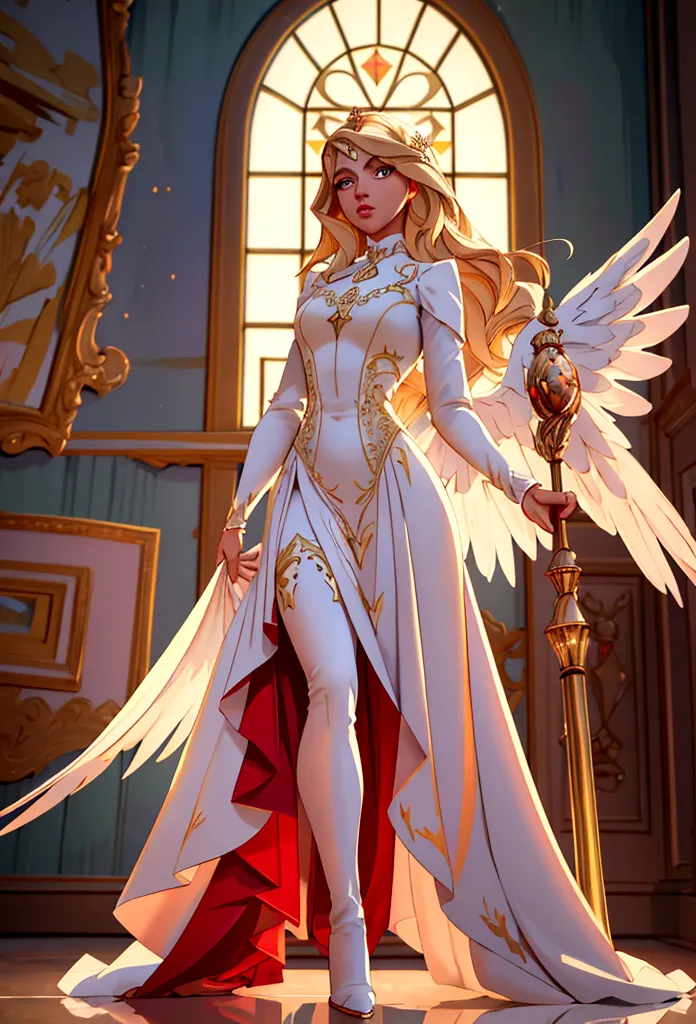 Arafed, a picture of a female angel in high society prom event, divine beautiful female angel, blond hair, long hair, flowing ha...