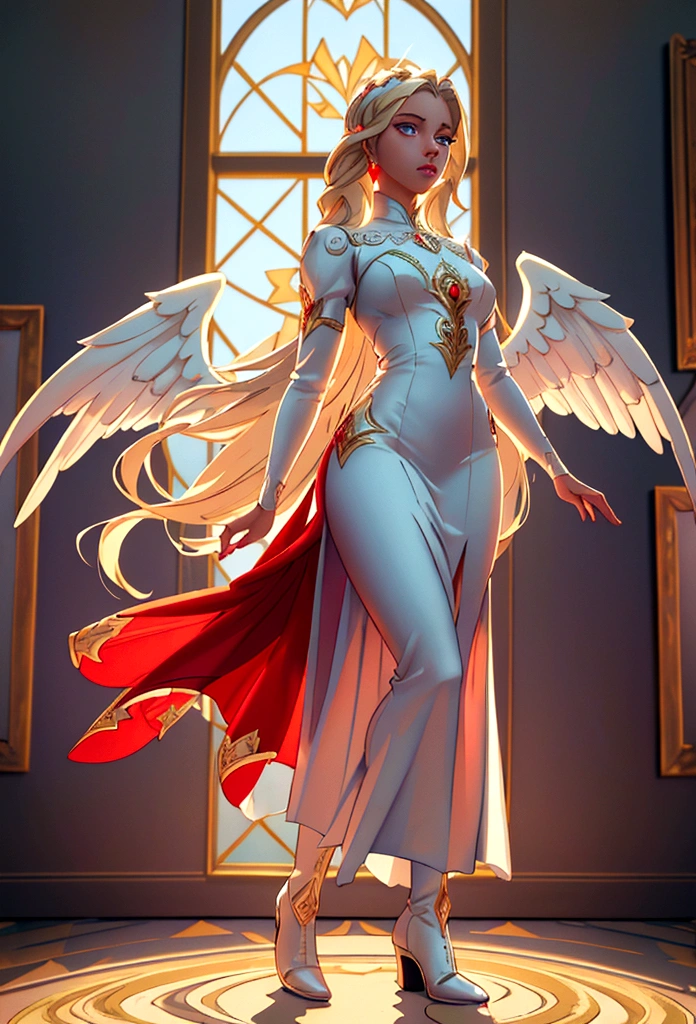 Arafed, a picture of a female angel in high society prom event, divine beautiful female angel, blond hair, long hair, flowing hair, the hair glows in a soft light, cerulean eyes, deep light eyes, divine beautiful face, folded white feather wings, she wears a ((red evening dress: 1.2)), elegant, intricate detailed dress, silk dress, she wears elegant knee high heeled boots, exquisite high heeled boots, she stands on the porch of a fantasy castle, dynamic angle, soft torch light, (Masterpiece: 1.5), 16k, highres, best quality, high details, ultra detailed, masterpiece, best quality, (extremely detailed), AngelStyle, GlowingRunesAI_paleblue, angel_wings