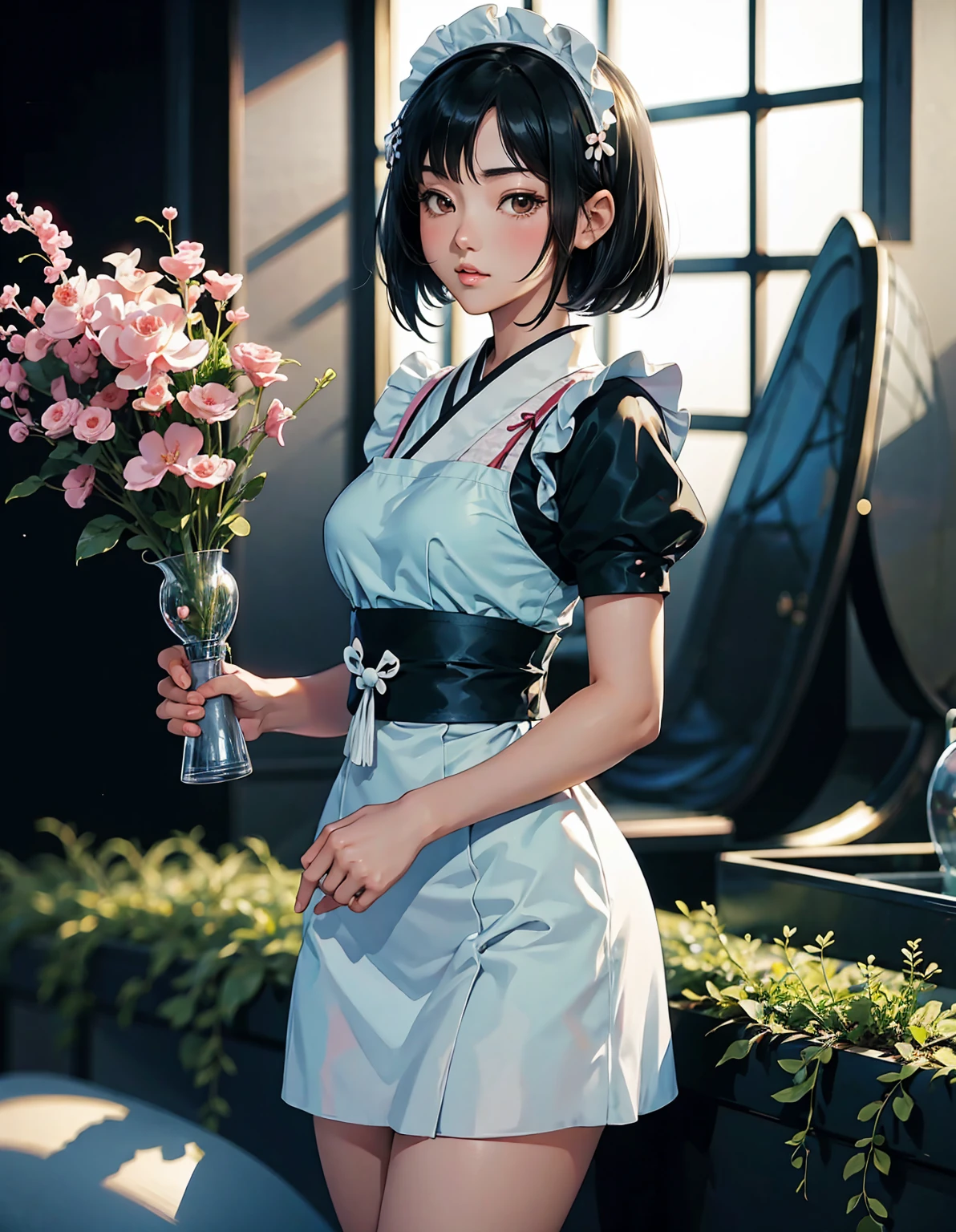 귀여운 일본식 메이드 소녀, 검은 단발 머리, 밝고 아늑한 실내 정원에 서 있습니다., 만화 스타일 --ar 3:4 --니지 6
