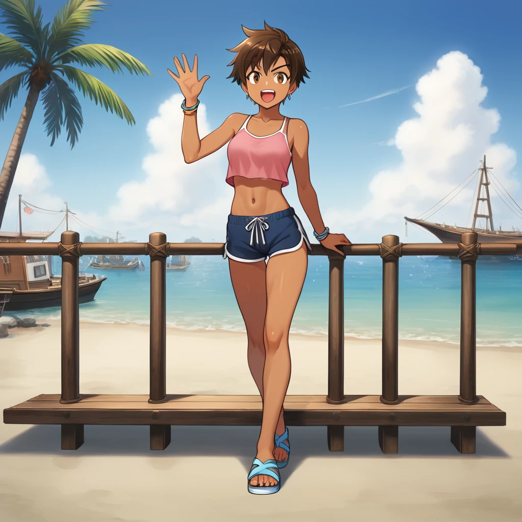tomboy, rustic, naive, dark skin, 5-years-old girl, short dark blue hairstyle, wide eyebrows, brown eyes, athletic, very flat, small ass, earrings, bracelet, short pink shirt, exposed navel, yellow dolphin shorts, blue flip-flops, excited, waving from a fishing pier, ecchi anime, Takase Yuu style, cinematic, dramatic, masterpiece, dynamic view, full body,