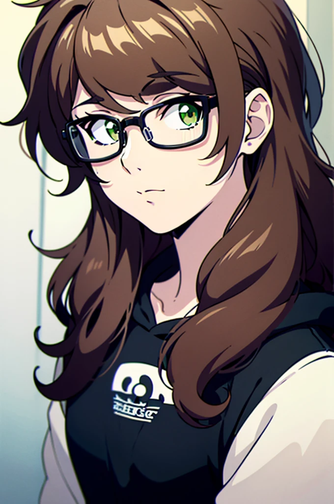 cel shading, detailed eyes, best quality, highly detailed, masterpiece, best quality, solo male, curly hair, long hair, brown hair, green eyes, hoodie, looking at viewer, glasses, portrait, 