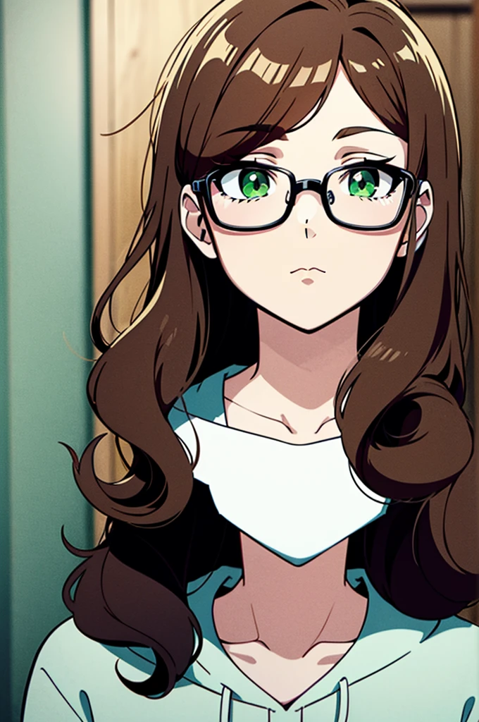 cel shading, detailed eyes, best quality, highly detailed, masterpiece, best quality, solo male, curly hair, long hair, brown hair, green eyes, hoodie, looking at viewer, glasses, portrait, 