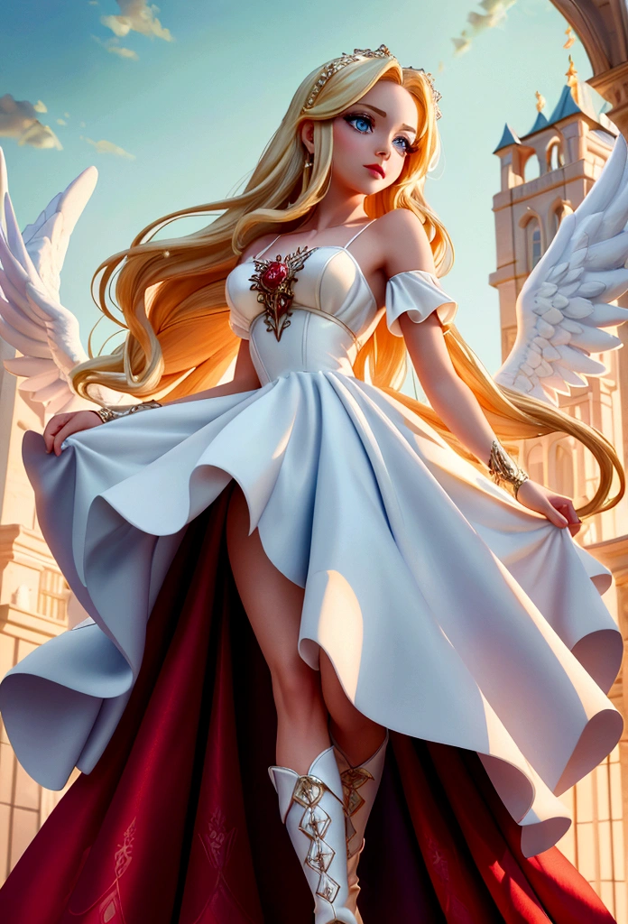 Arafed, a picture of a female angel in high society prom event, divine beautiful female angel, blond hair, long hair, flowing hair, the hair glows in a soft light, cerulean eyes, deep light eyes, divine beautiful face, folded white feather wings, she wears a ((red evening dress: 1.2)), elegant, intricate detailed dress, silk dress, she wears elegant knee high heeled boots, exquisite high heeled boots, she stands on the porch of a fantasy castle, dynamic angle, soft torch light, (Masterpiece: 1.5), 16k, highres, best quality, high details, ultra detailed, masterpiece, best quality, (extremely detailed), AngelStyle, GlowingRunesAI_paleblue, angel_wings