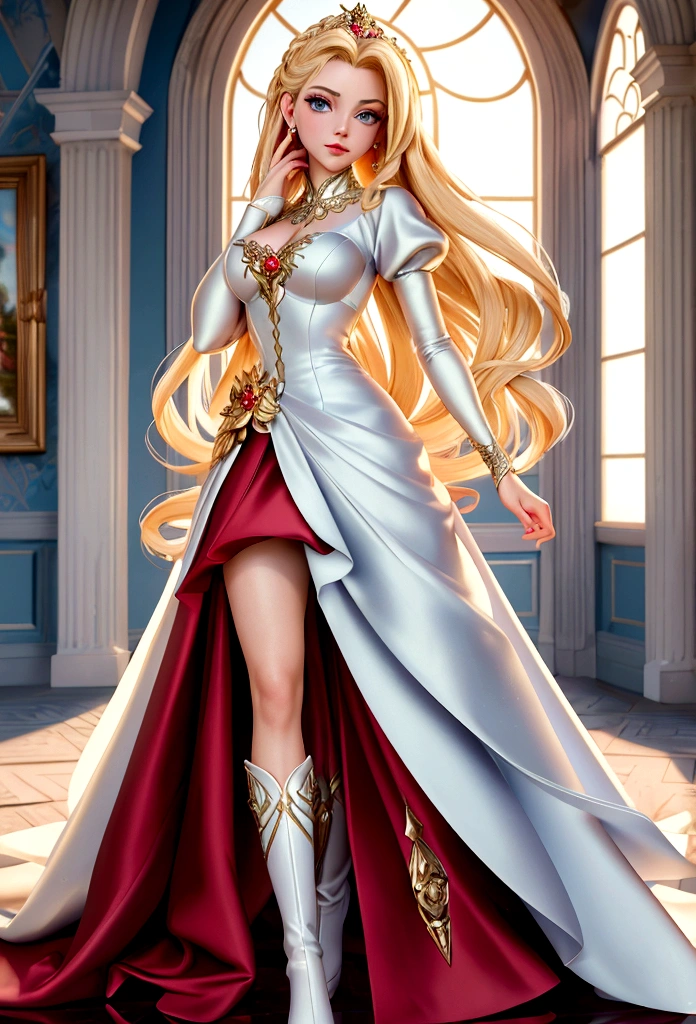 Arafed, a picture of a female angel in high society prom event, divine beautiful female angel, blond hair, long hair, flowing hair, the hair glows in a soft light, cerulean eyes, deep light eyes, divine beautiful face, folded white feather wings, she wears a ((red evening dress: 1.2)), elegant, intricate detailed dress, silk dress, she wears elegant knee high heeled boots, exquisite high heeled boots, she stands on the porch of a fantasy castle, dynamic angle, soft torch light, (Masterpiece: 1.5), 16k, highres, best quality, high details, ultra detailed, masterpiece, best quality, (extremely detailed), AngelStyle, GlowingRunesAI_paleblue, angel_wings