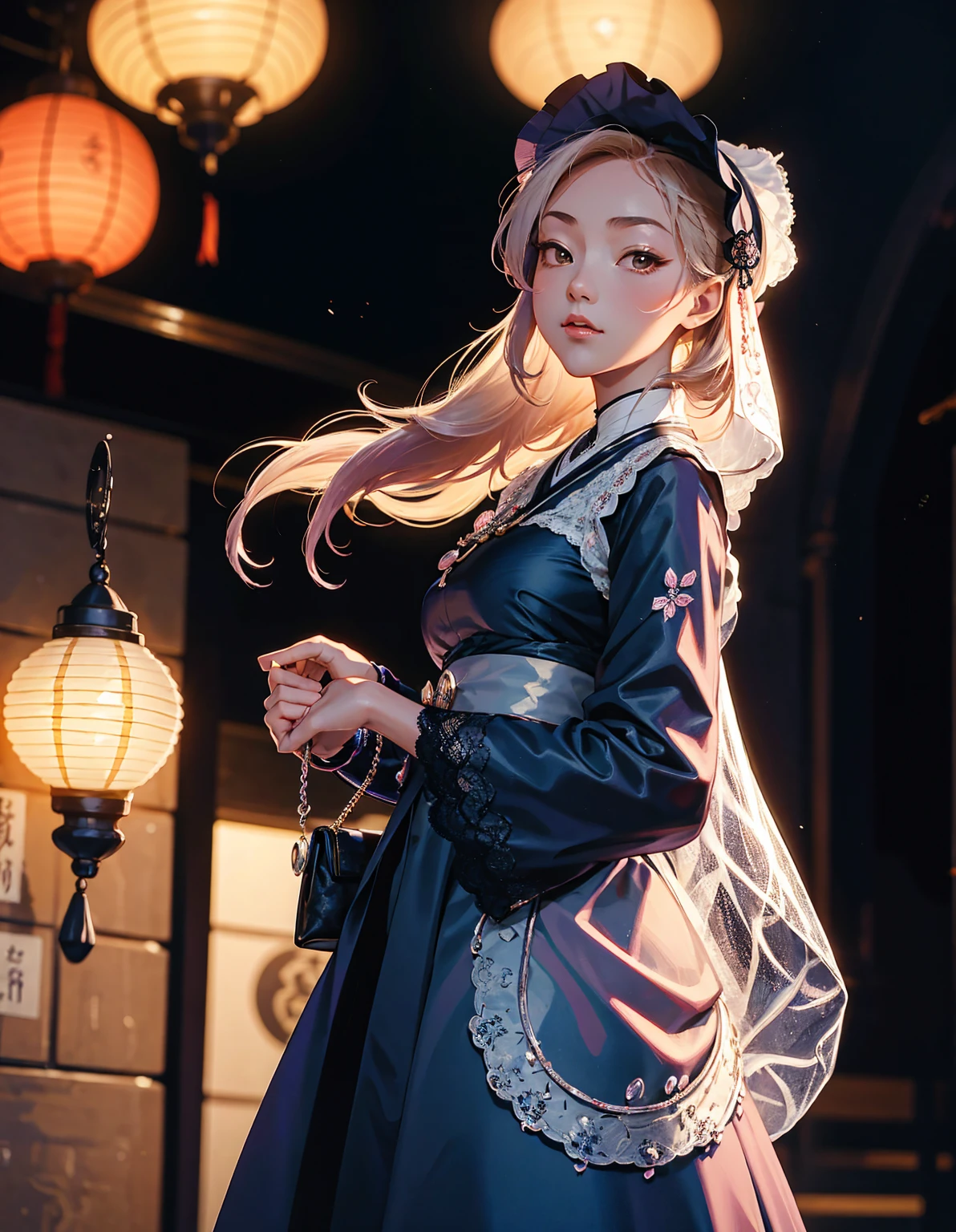 일본 고딕 로리타 의상을 입은 어린 소녀가 다이쇼 시대의 거리를 산책하고 있습니다.. 고풍스러운 등불과 전통 상점이 즐비한 거리. 그녀는 빈티지 핸드백을 가지고 있고 섬세한 레이스 보닛을 쓰고 있습니다.. 역사적인 매력과 고딕 양식의 우아함이 어우러진 장면, 다이쇼 로마 미학의 특징. --AR 3:4 --스타일화 500 --niji 6
