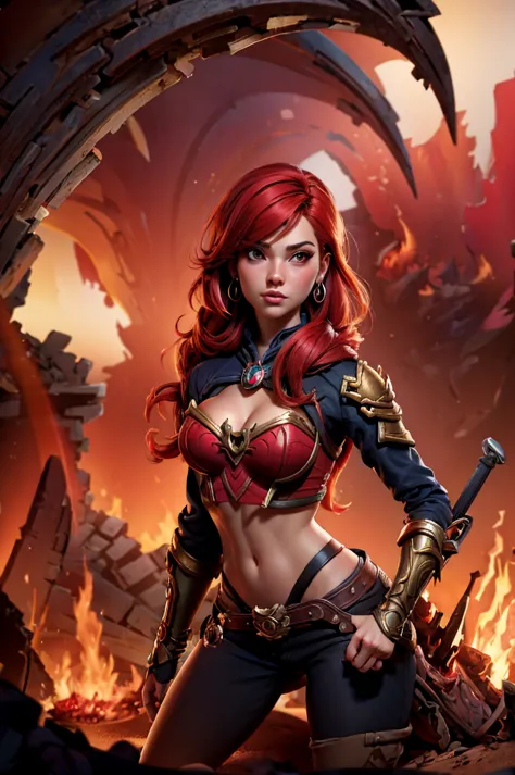 a close up of a woman with a sword and a fire in the background, alexstrasza, extremely detailed artgerm, miss fortune, brigitte...