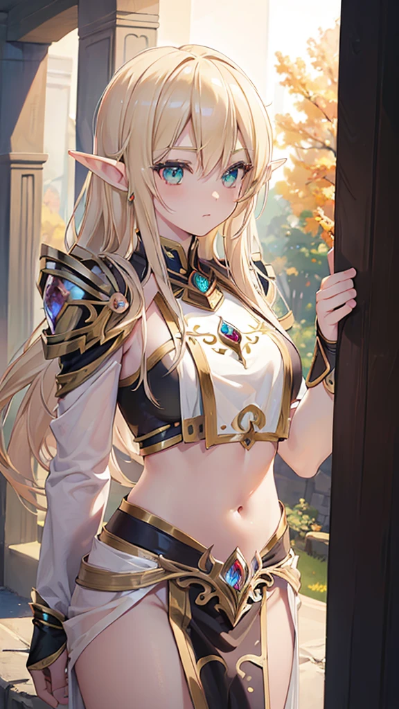 ((masterpiece, best quality)), manga style, elf warrior in armor, blond hair, elf ears, hands behind back, best qualityer，8K， masterpiece, high resolution, two tone lighting, (high detail skin：1.2), beautiful face, gentle illumination, ((blank background))