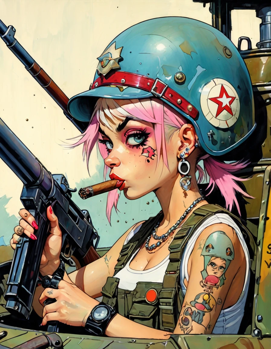 personnage de tank girl, casque militaire, cigare, Piercings, Fusil à pompe, dans un réservoir, (art inspiré par Skottie Young et Bill Sienkiewicz). peinture à l&#39;huile)