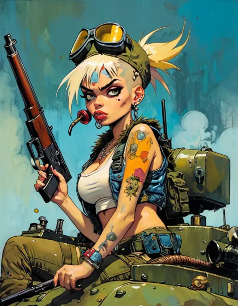 tank girl character, military helmet, cigar, piercings, shotgun, in a tank, (art inspired by Skottie Young and Bill Sienkiewicz)...