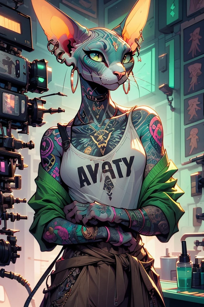 A light-skinned male sphinx cat with detailed tattoos on forearms, white eyes, ear piercings, wearing baggy green t-shirt with baggy brown pants, slim physique, high-quality 8k, comic style, hyper-detailed, sharp focus, studio lighting, cinematic dramatic lighting, neon color palette, neon lighting, cyberpunk, digital art