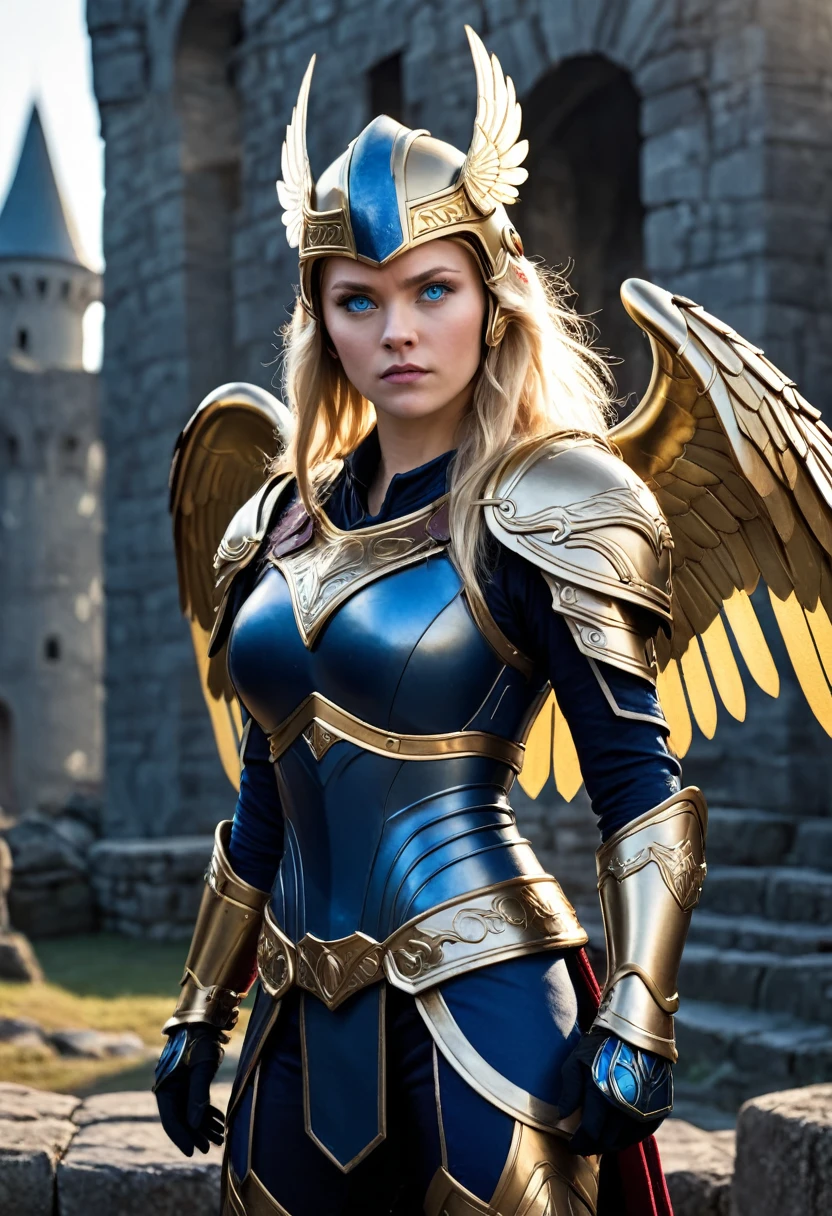 a blonde Asgardian heroine. She wears dark blue armor, gold trim, (((Norse helm with gold wings))), armored glove, deep v neck. stern expression. blond hair, long hair, blue eyes, (detailed eyes, detailed face), detailed hands, pretty face, round cheeks, soft face. heavy gauntlet covers one hand, armoured boots. Show her in a heroic pose with hands on her hips. castle ruins background. volumetric lighting , (highres:1.3), deep shadow and bright highlights, cinematic, 