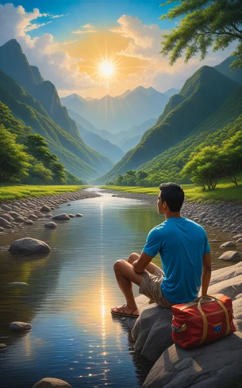 view from behind, a 25 years old latino man is siting by the river watching the sun rice in the background, river, mountains, su...