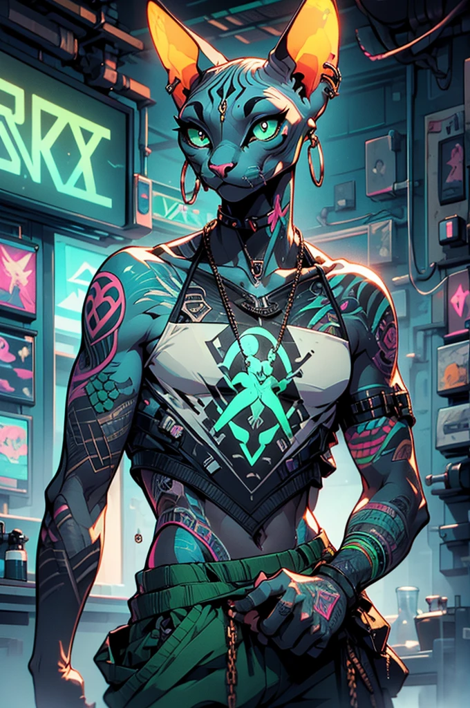 A male sphinx cat with white skin and black tattoos on his arms, white eyes, ear piercings, wearing baggy green t-shirt with baggy brown pants, slim physique, high-quality 8k, comic style, hyper-detailed, sharp focus, studio lighting, cinematic dramatic lighting, neon color palette, neon lighting, cyberpunk, digital art