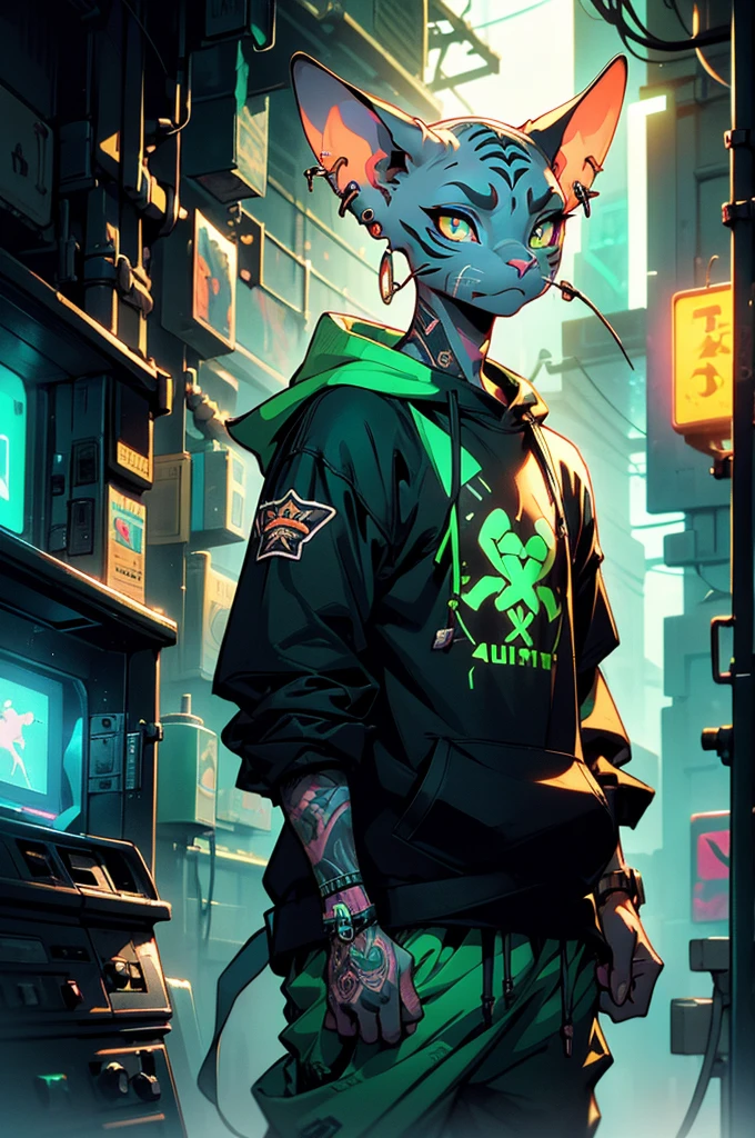 A male sphinx cat with white skin and black tattoos on his arms, white eyes, ear piercings, wearing baggy green t-shirt with baggy brown pants, slim physique, high-quality 8k, comic style, hyper-detailed, sharp focus, studio lighting, cinematic dramatic lighting, neon color palette, neon lighting, cyberpunk, digital art