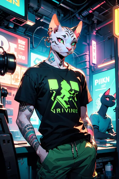 A male sphinx cat with white skin and black tattoos on his arms, white eyes, ear piercings, wearing baggy green t-shirt with bag...