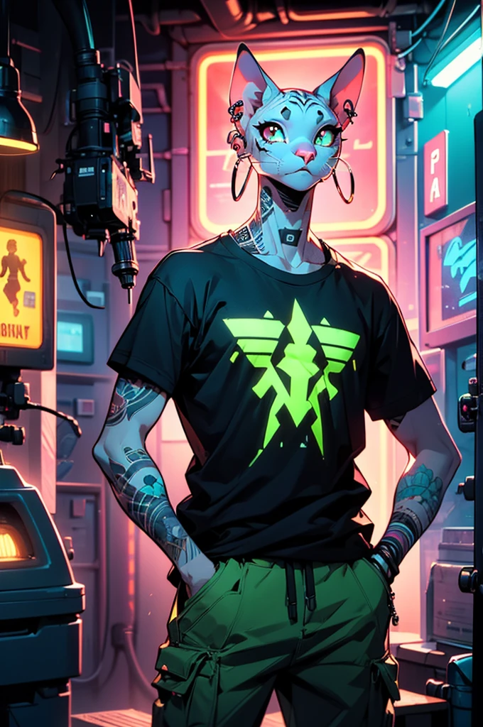 A male sphinx cat with white skin and black tattoos on his arms, white eyes, ear piercings, wearing baggy green t-shirt with baggy brown pants, slim physique, high-quality 8k, comic style, hyper-detailed, sharp focus, studio lighting, cinematic dramatic lighting, neon color palette, neon lighting, cyberpunk, digital art