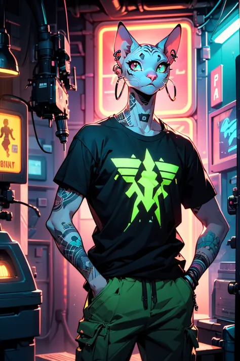 A male sphinx cat with white skin and black tattoos on his arms, white eyes, ear piercings, wearing baggy green t-shirt with bag...