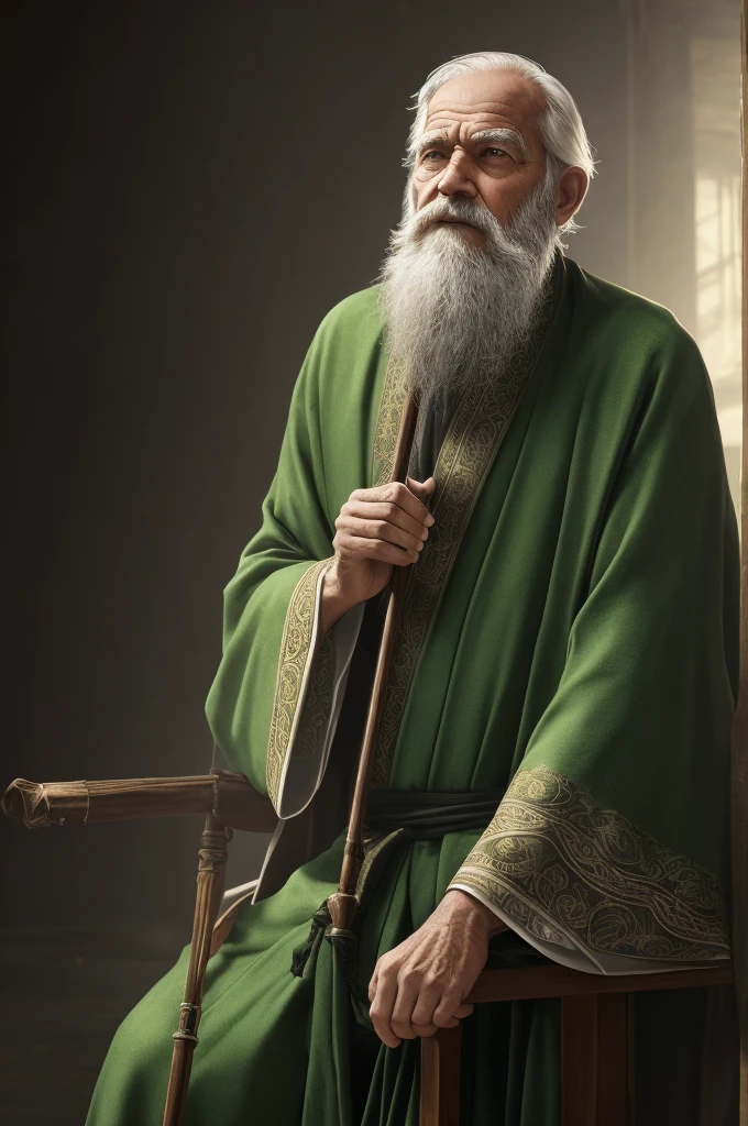 a tired old man with a long white beard wearing a green robe, leaning on a cane, (best quality,4k,8k,highres,masterpiece:1.2),ultra-detailed,(realistic,photorealistic,photo-realistic:1.37),intricate details,cinematic lighting,natural skin tones,highly detailed facial features,beautiful ornate robe,elderly man portrait,dramatic lighting,depth of field,cinematic composition,moody atmosphere