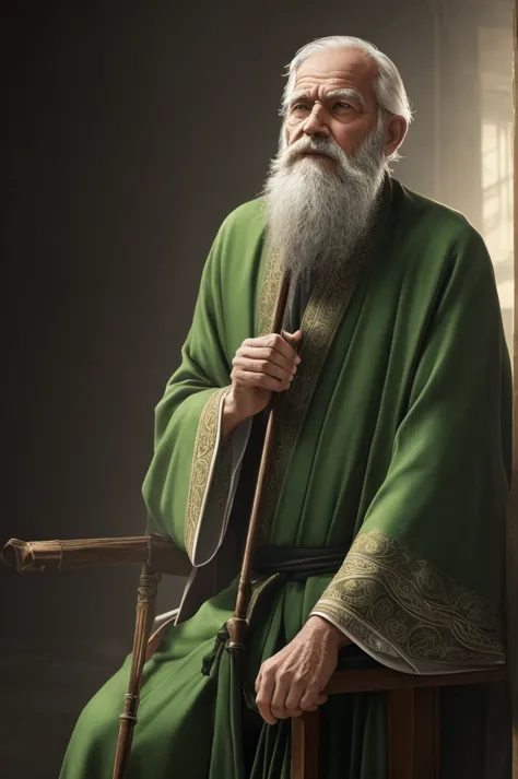 a tired old man with a long white beard wearing a green robe, leaning on a cane, (best quality,4k,8k,highres,masterpiece:1.2),ul...