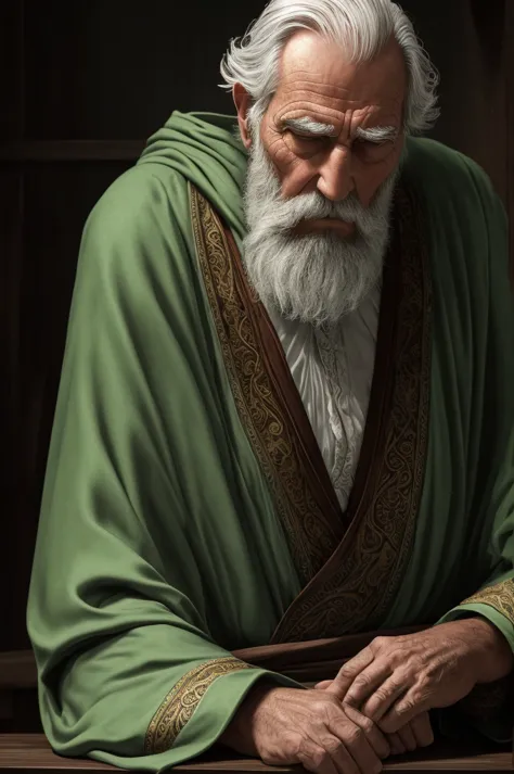 a tired old man with a long white beard wearing a green robe, leaning on a cane, (best quality,4k,8k,highres,masterpiece:1.2),ul...