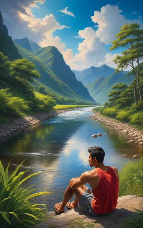 in bruce weberf and peter paul rubens art style view from behind, a 25 years old latino man is siting by the river watching the ...