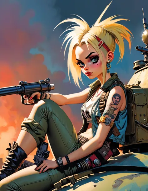 tank girl character, punk, blonde, with piercings, wearing a helmet, holding a shotgun, sitting on a tank, (best quality, 4k, 8k...