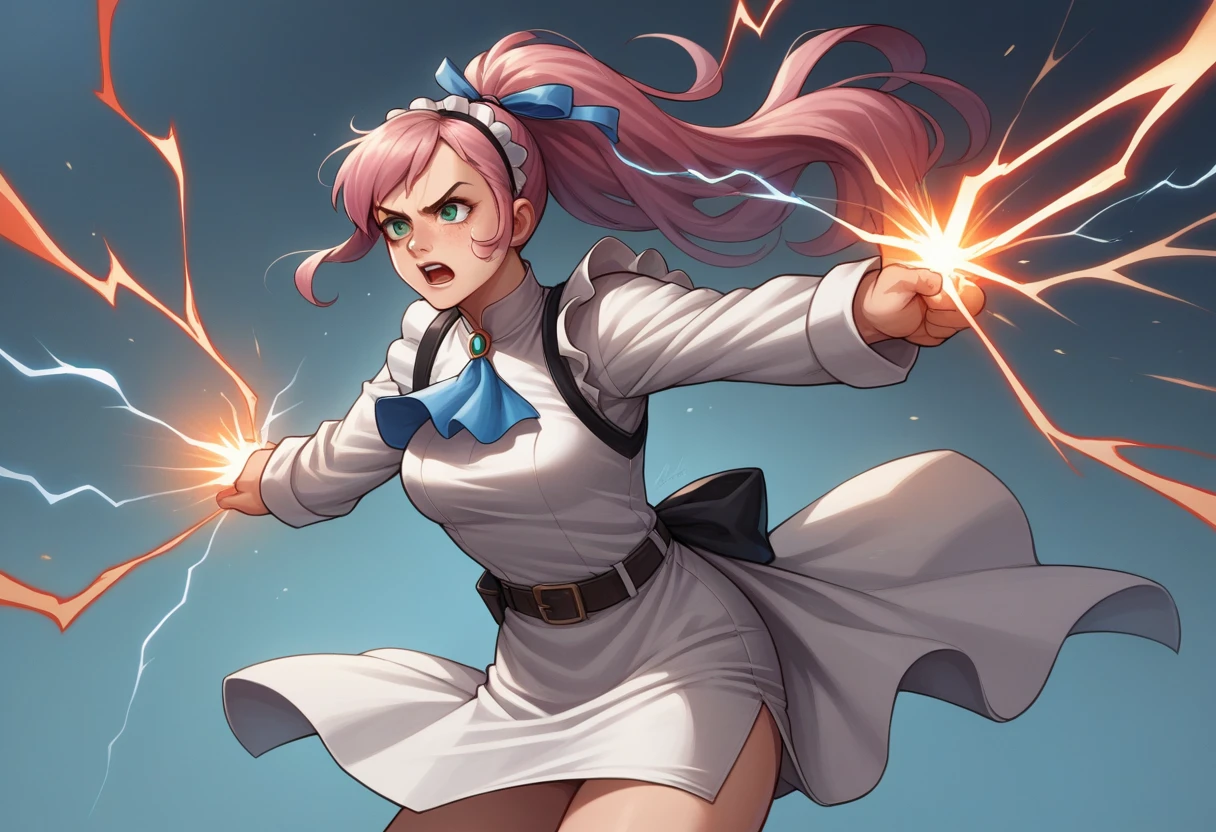 score_9, score_8_superior, score_7_superior, sauce_anime, IncrsSSBUVS, electricity, Combat Stance, 
Break 1 Girl, Zero Ellie, Black hair band, Hair Ribbon, Long Hair, Ascot, uniform, red long sleeves, White Dress, Pencil Skirt, belt, Green Eyes, 
Break 1 Girl,  Felicia Def, Pink Hair, ponytail, blue eyes, Maid&#39;s Headdress, brooch, Maid Apron,