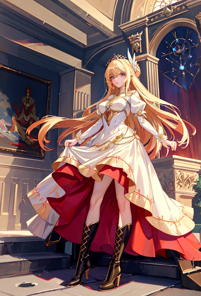 Arafed, a picture of a female angel in high society prom event, divine beautiful female angel, blond hair, long hair, flowing hair, the hair glows in a soft light, cerulean eyes, deep light eyes, divine beautiful face, spread white feather wings, she wears a ((red evening dress: 1.2)), elegant, intricate detailed dress, silk dress, she wears elegant knee high heeled boots, exquisite high heeled boots, she stands on the porch of a fantasy castle, dynamic angle, soft torch light, (Masterpiece: 1.5), 16k, highres, best quality, high details, ultra detailed, masterpiece, best quality, (extremely detailed), AngelStyle, GlowingRunesAI_paleblue, angel_wings