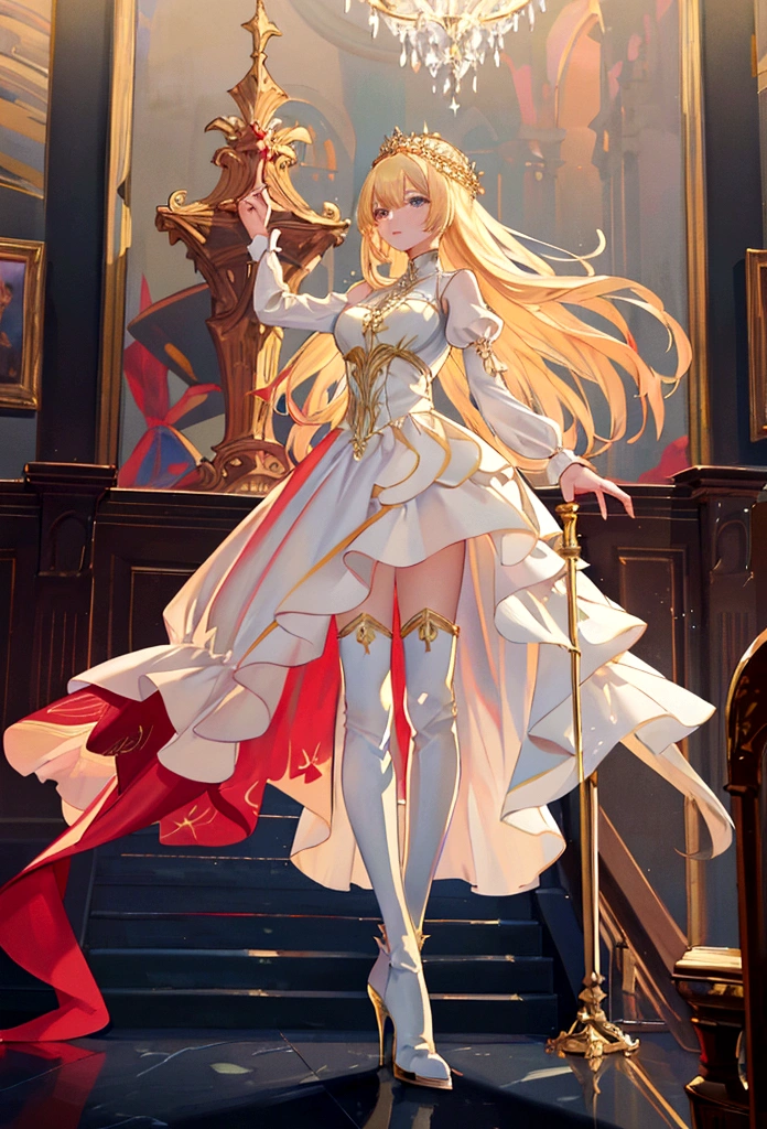 Arafed, a picture of a female angel in high society prom event, divine beautiful female angel, blond hair, long hair, flowing hair, the hair glows in a soft light, cerulean eyes, deep light eyes, divine beautiful face, spread white feather wings, she wears a ((red evening dress: 1.2)), elegant, intricate detailed dress, silk dress, she wears elegant knee high heeled boots, exquisite high heeled boots, she stands on the porch of a fantasy castle, dynamic angle, soft torch light, (Masterpiece: 1.5), 16k, highres, best quality, high details, ultra detailed, masterpiece, best quality, (extremely detailed), AngelStyle, GlowingRunesAI_paleblue, angel_wings