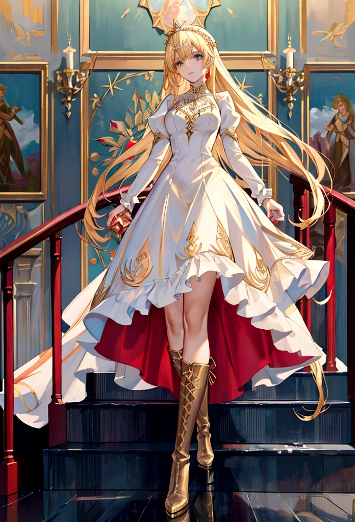 Arafed, a picture of a female angel in high society prom event, divine beautiful female angel, blond hair, long hair, flowing hair, the hair glows in a soft light, cerulean eyes, deep light eyes, divine beautiful face, spread white feather wings, she wears a ((red evening dress: 1.2)), elegant, intricate detailed dress, silk dress, she wears elegant knee high heeled boots, exquisite high heeled boots, she stands on the porch of a fantasy castle, dynamic angle, soft torch light, (Masterpiece: 1.5), 16k, highres, best quality, high details, ultra detailed, masterpiece, best quality, (extremely detailed), AngelStyle, GlowingRunesAI_paleblue, angel_wings