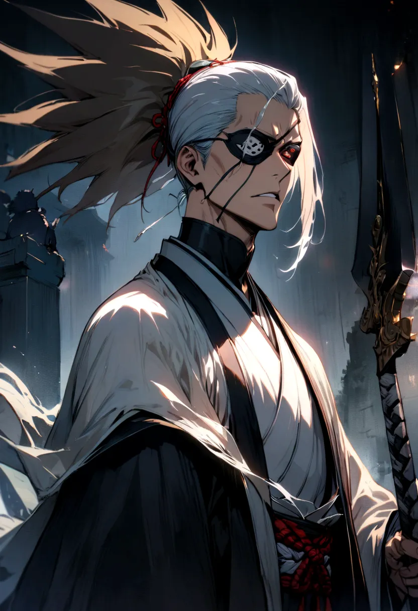 1boy, Kenpachi Zaraki from "Bleach", wearing an eye patch, hedgehog hair, weapon, best quality, masterpiece, 4K, 8K