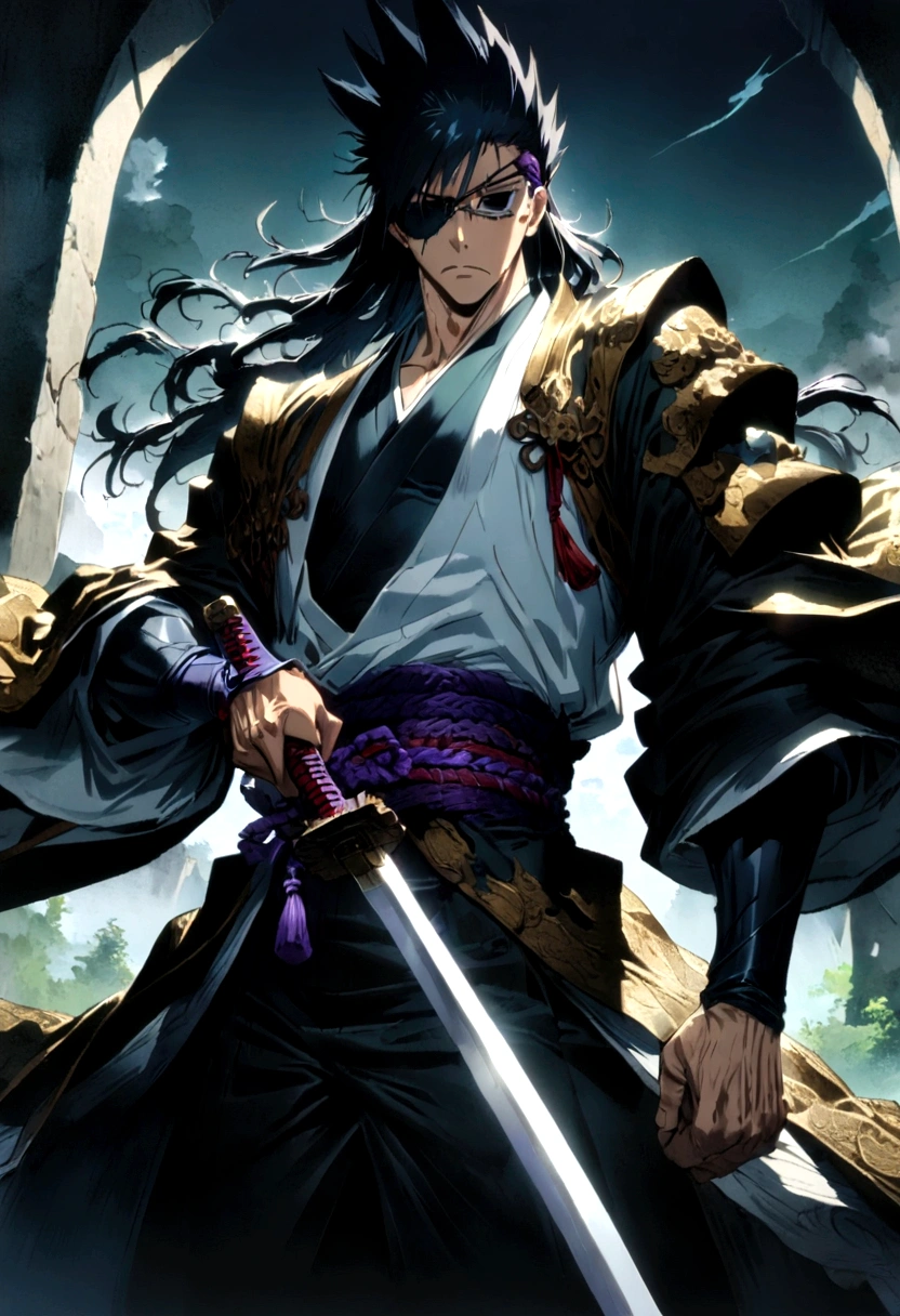 source_anime, 1boy, Zaraki Kenpachi, "BLEACH", solo, male focus, holding sword, outdoor, serious, black hair, long hair, spiked hair, japanese clothes, open kimono, pectorals, wide sleeves, (covered eyes, eye patch), anime screenshot, anime screencap, anime coloring, dramatic composition, cinematic lighting, (masterpiece, best quality, Professional, perfect composition, very aesthetic, absurdres, ultra-detailed, intricate details:1.3)