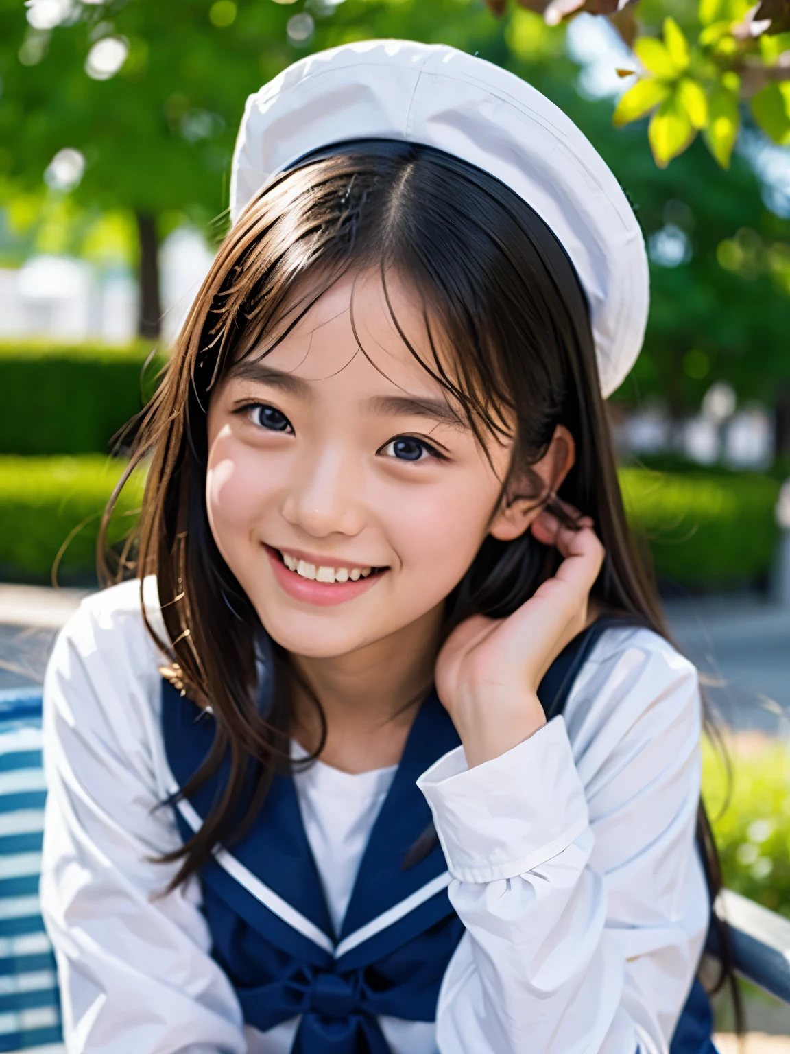 (masterpiece, Highest quality:1.2), One Girl, alone, Sailor suit, dark blue, Long sleeve, smile, 12 years old