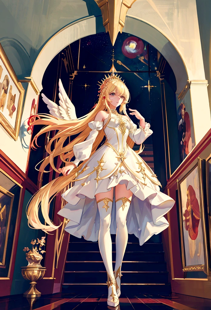 Arafed, a picture of a female angel in high society prom event, divine beautiful female angel, blond hair, long hair, flowing hair, the hair glows in a soft light, cerulean eyes, deep light eyes, divine beautiful face, spread white feather wings, she wears a ((red evening dress: 1.2)), elegant, intricate detailed dress, silk dress, she wears elegant knee high heeled boots, exquisite high heeled boots, she stands on the porch of a fantasy castle, dynamic angle, soft torch light, (Masterpiece: 1.5), 16k, highres, best quality, high details, ultra detailed, masterpiece, best quality, (extremely detailed), AngelStyle, GlowingRunesAI_paleblue, angel_wings