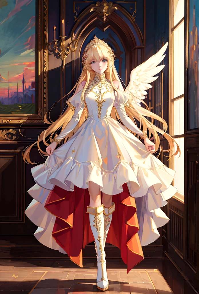 arafé, a picture of a female ange in high society prom event, divine beautiful female ange, cheveux blonds, cheveux longs, Cheveux flottants, les cheveux brillent dans une lumière douce, Yeux céruléens, yeux clairs et profonds, divin beau visage, spread white feather ailes, elle porte un ((robe de soirée rouge: 1.2)), élégant, robe détaillée complexe, Robe en soie, she wears élégant knee high heeled boots, bottes à talons hauts exquises, elle se tient sur le porche d&#39;un château fantastique, Angle dynamique, lumière douce de la torche, (chef-d&#39;œuvre: 1.5), 16k, haute résolution, Meilleure qualité, détails élevés, ultra détaillé, chef-d&#39;œuvre, Meilleure qualité, (extrêmement détaillé), AngeStyle, GlowingRunesAI_bleu pâle, ange_ailes