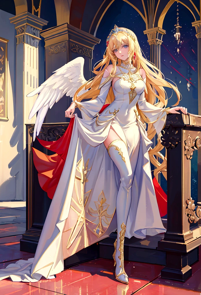 Arafed, a picture of a female angel in high society prom event, divine beautiful female angel, blond hair, long hair, flowing hair, the hair glows in a soft light, cerulean eyes, deep light eyes, divine beautiful face, spread white feather wings, she wears a ((red evening dress: 1.2)), elegant, intricate detailed dress, silk dress, she wears elegant knee high heeled boots, exquisite high heeled boots, she stands on the porch of a fantasy castle, dynamic angle, soft torch light, (Masterpiece: 1.5), 16k, highres, best quality, high details, ultra detailed, masterpiece, best quality, (extremely detailed), AngelStyle, GlowingRunesAI_paleblue, angel_wings