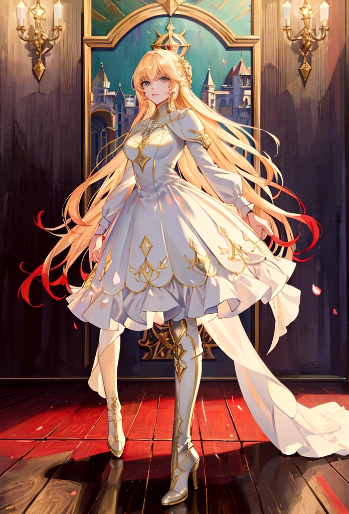 Arafed, a picture of a female angel in high society prom event, divine beautiful female angel, blond hair, long hair, flowing hair, the hair glows in a soft light, cerulean eyes, deep light eyes, divine beautiful face, spread white feather wings, she wears a ((red evening dress: 1.2)), elegant, intricate detailed dress, silk dress, she wears elegant knee high heeled boots, exquisite high heeled boots, she stands on the porch of a fantasy castle, dynamic angle, soft torch light, (Masterpiece: 1.5), 16k, highres, best quality, high details, ultra detailed, masterpiece, best quality, (extremely detailed), AngelStyle, GlowingRunesAI_paleblue, angel_wings