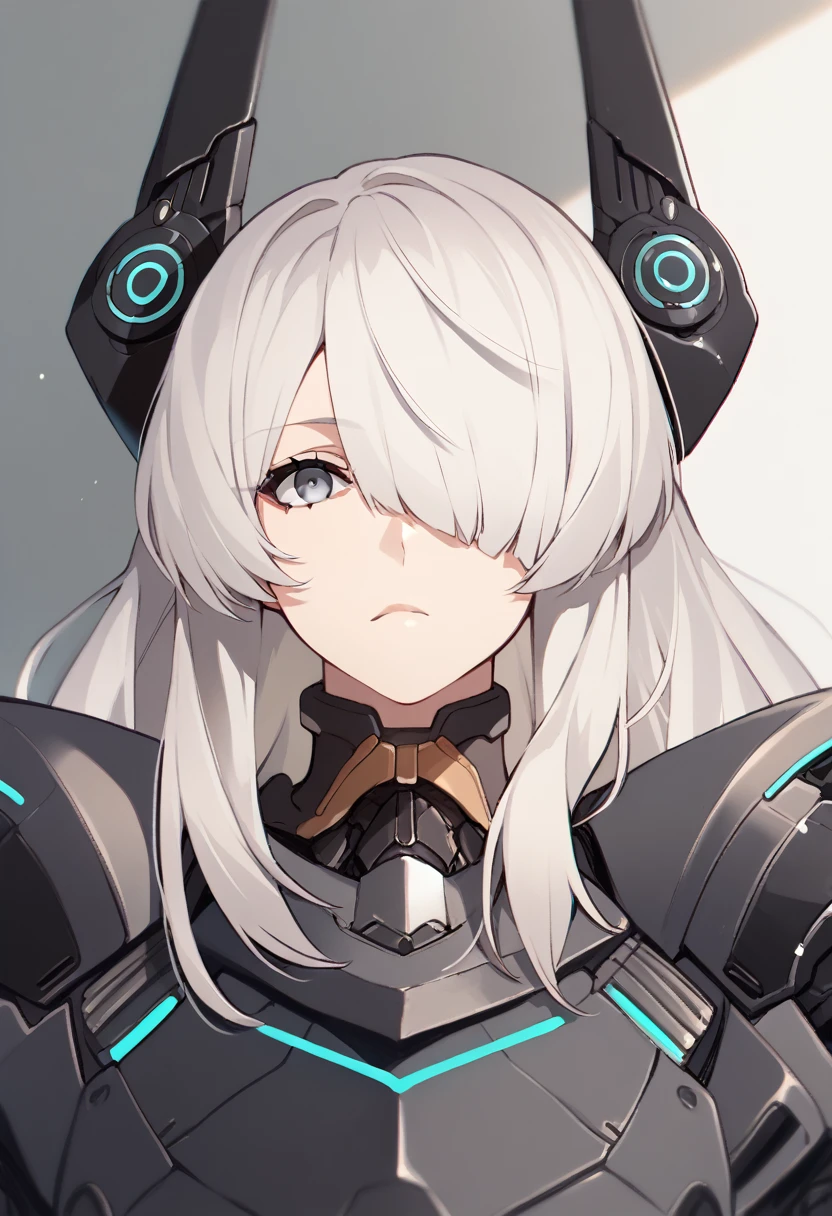 score_9_up, score_8_up, score_7_up, source_anime, 1girl, white hair, long hair, hair over one eye, grey eyes, expressionless, (portrait), science fiction, headgear, mecha musume
