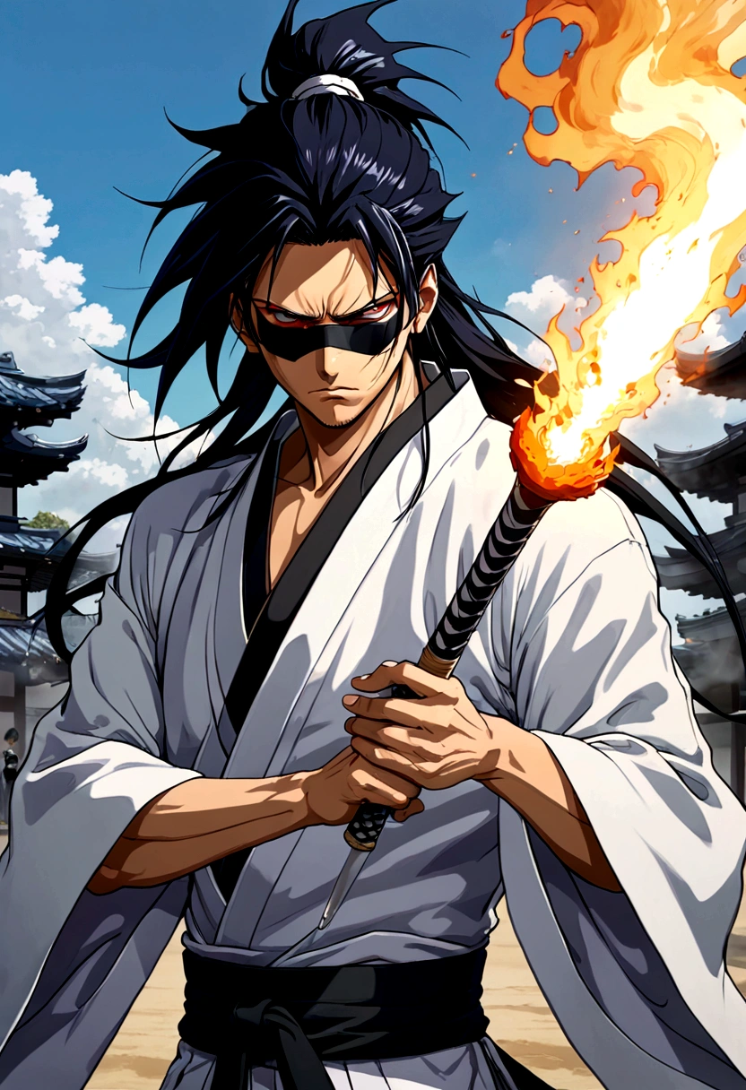 source_anime, 1boy, Zaraki Kenpachi, "BLEACH", solo, male focus, (weapon), outdoor, fire, Battle Stance, serious, black hair, (long spiked hair), japanese clothes, open kimono, pectorals, wide sleeves, (covered eyes, eye patch), anime screenshot, anime screencap, anime coloring, dramatic composition, cinematic lighting, (masterpiece, best quality, Professional, perfect composition, very aesthetic, absurdres, ultra-detailed, intricate details:1.3)