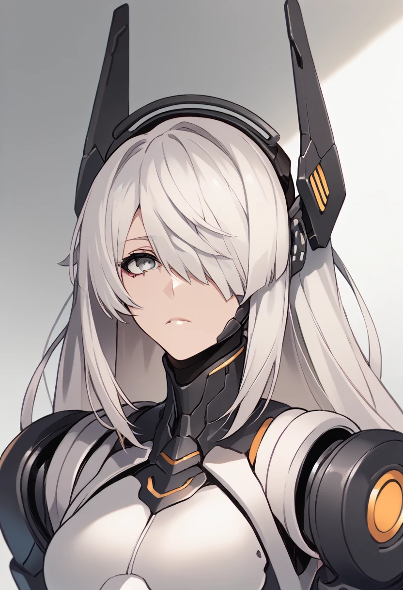 score_9_up, score_8_up, score_7_up, source_anime, 1girl, white hair, long hair, (hair over one eye:0.8), grey eyes, expressionless, (bust), science fiction, headgear, mecha musume, android, robot joints, head-mounted display