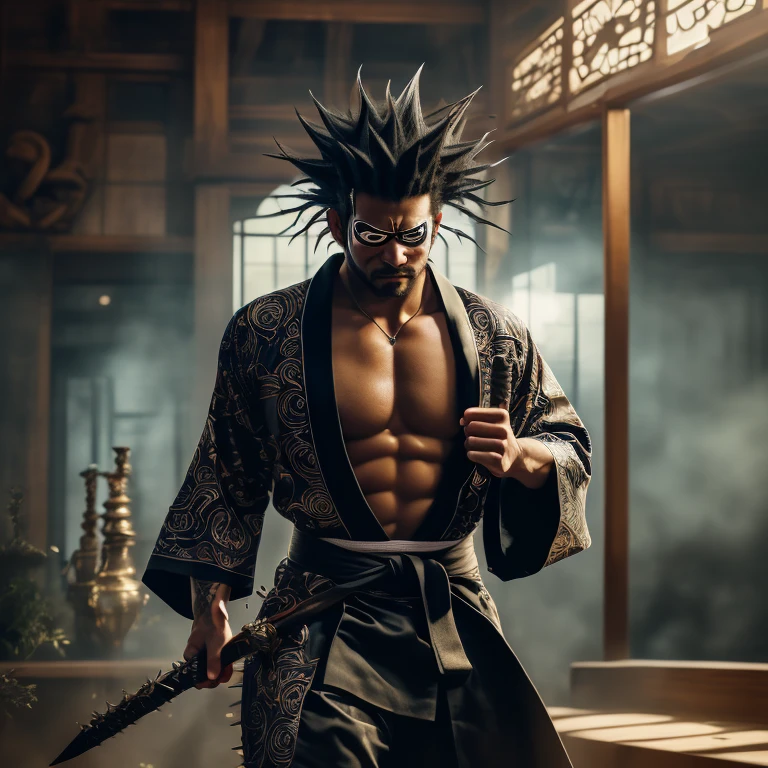 fuente_animado, 1 chico, Zaraki kenpachi, "lejía", solo, enfoque masculino, (arma), interior, dojo, postura de batalla, serious, pelo negro, (Cabello largo con púas), ropa japonesa, open kimono, pectorals, mangas anchas, (ojos cubiertos, Parche en el ojo), animado screenshot, animado screencap, animado coloring, composición dramática, iluminación cinematográfica, (obra maestra, mejor calidad, Profesional, composición perfecta, muy estetico, absurdos, ultra detallado, detalles intrincados:1.3)