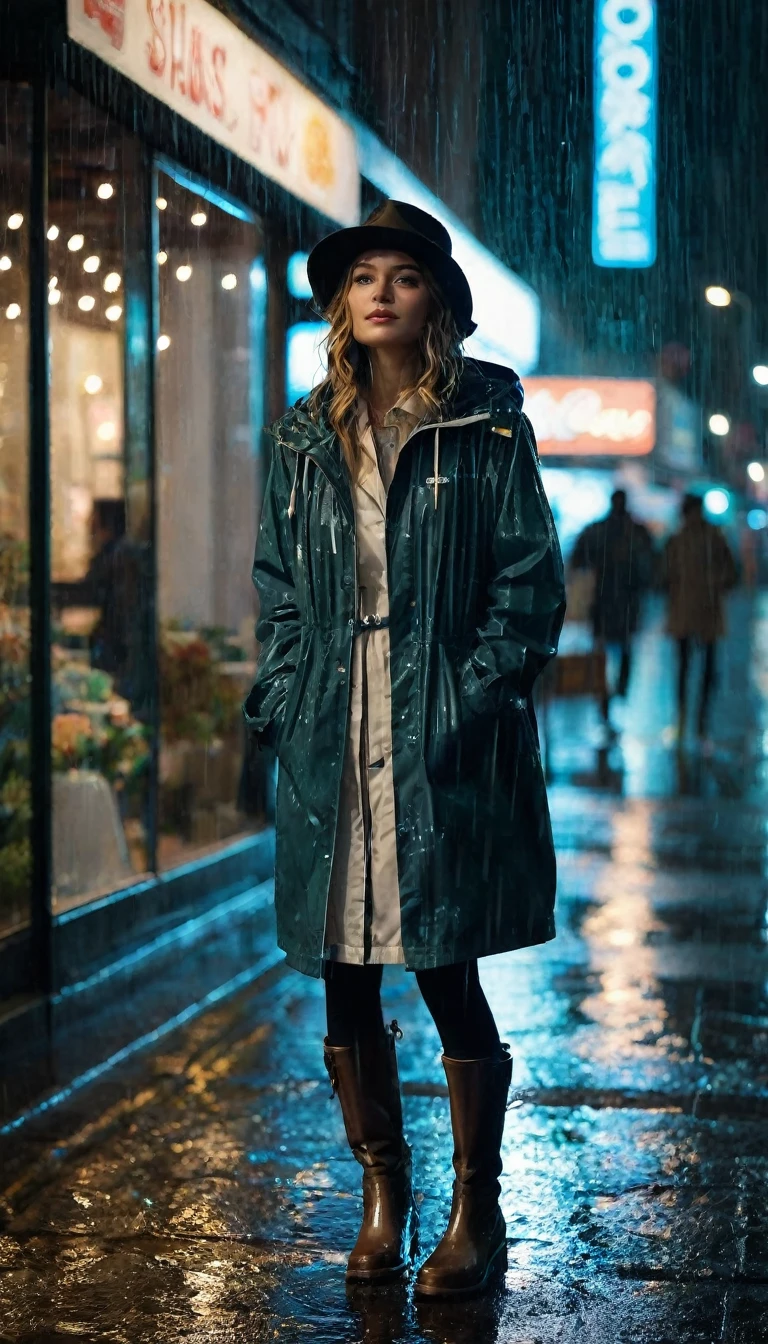 "A young woman is on the city street at night, with a wet environment and elegant rain. She is dressed in comfortable clothes and a jacket, with a hat and a pair of boots. The rain is falling gently, creating a of shadow and light over the city. Cars pass through the street, with lights flashing and headlights shining. Shops are open, with lights shining and windows full of products. The atmosphere is one of movement and life, with a touch. of romanticism and magic."