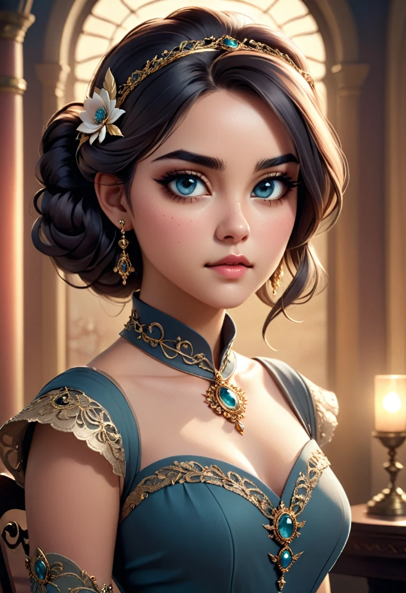 A beautiful girl wearing an eyepatch, detailed face and eyes, intricate jewelry, elegant dress, soft lighting, fantasy atmosphere, cinematic composition, muted color palette, dramatic lighting, photorealistic, masterpiece